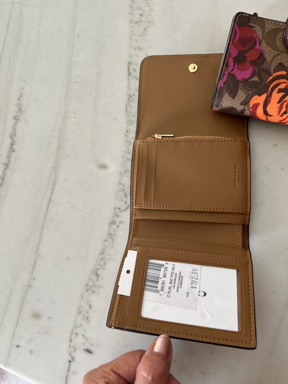 COACH Cream Floral Compact Trifold Wallet with Gold Logo - Picture 8 of 10